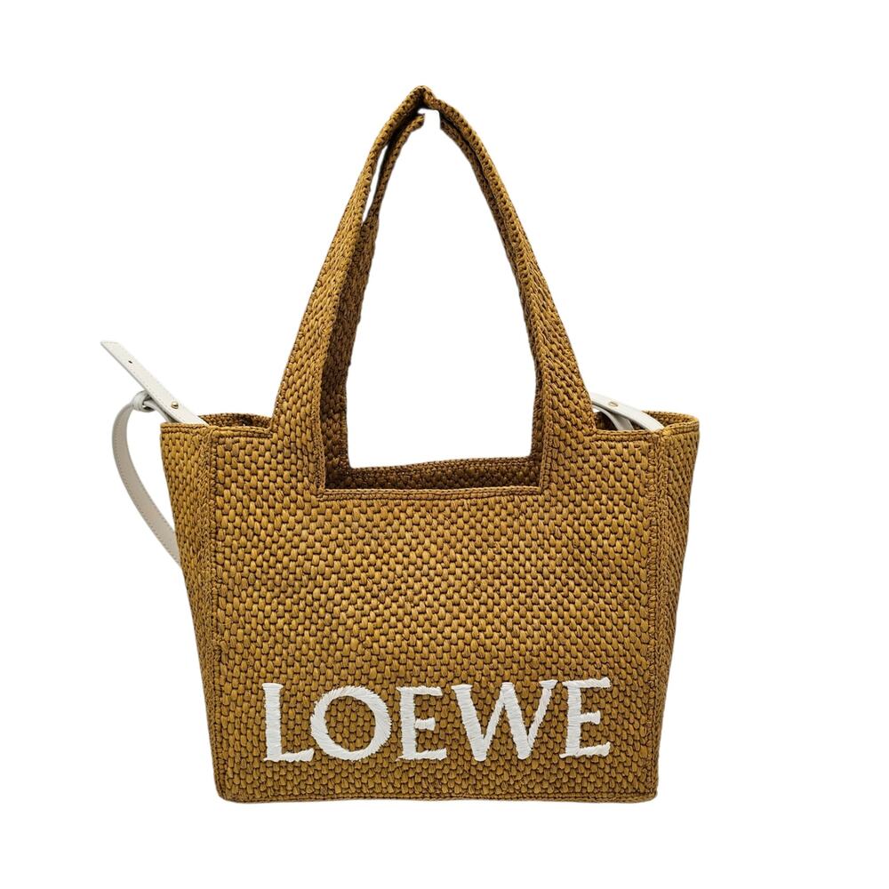 Loewe Logo Font Raffia Medium Tote Bag Paula's Ibiza Yellow White Strap Brown